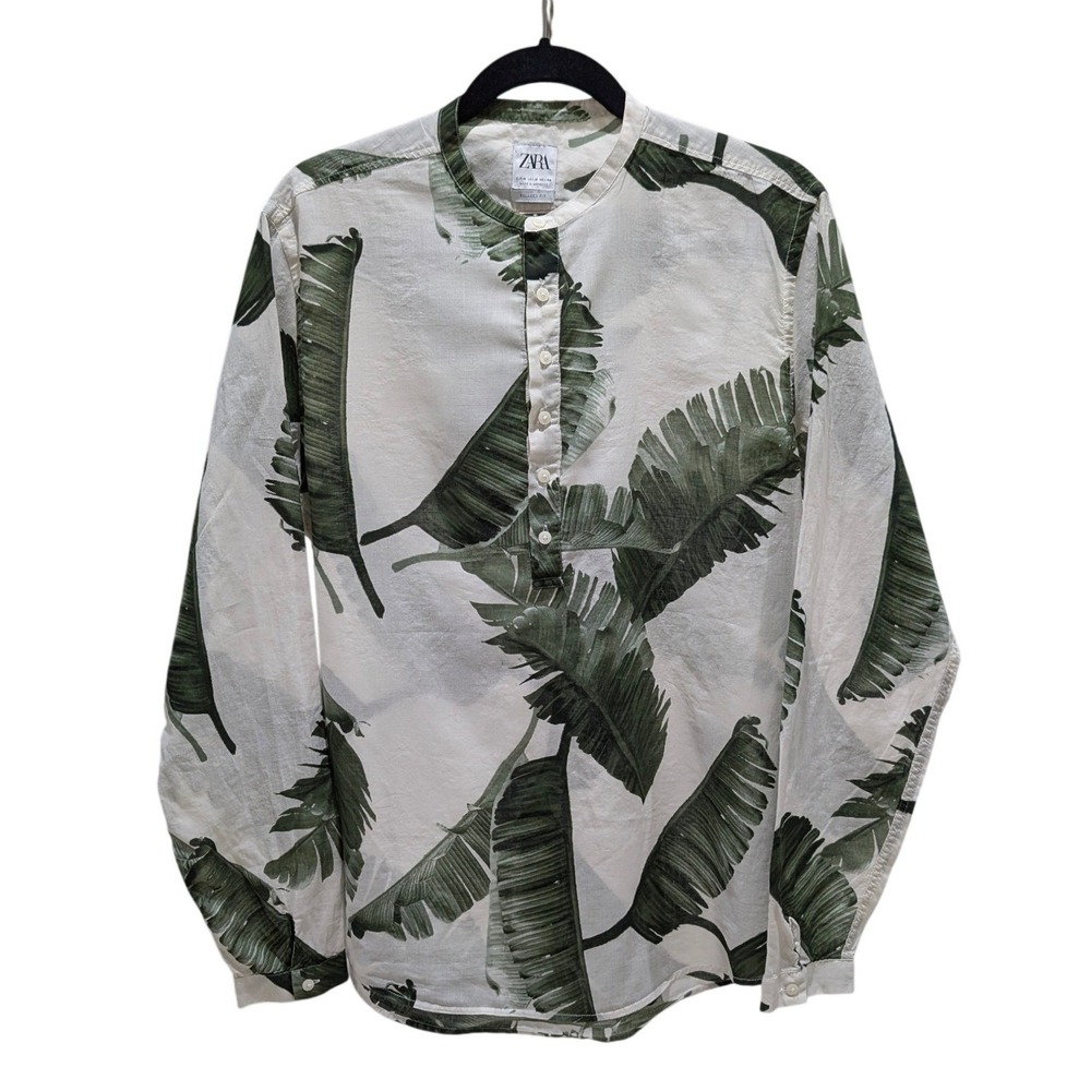 Zara Mens‎ Banana Leaf Tropical Print Band Collar Popover Shirt Green White M